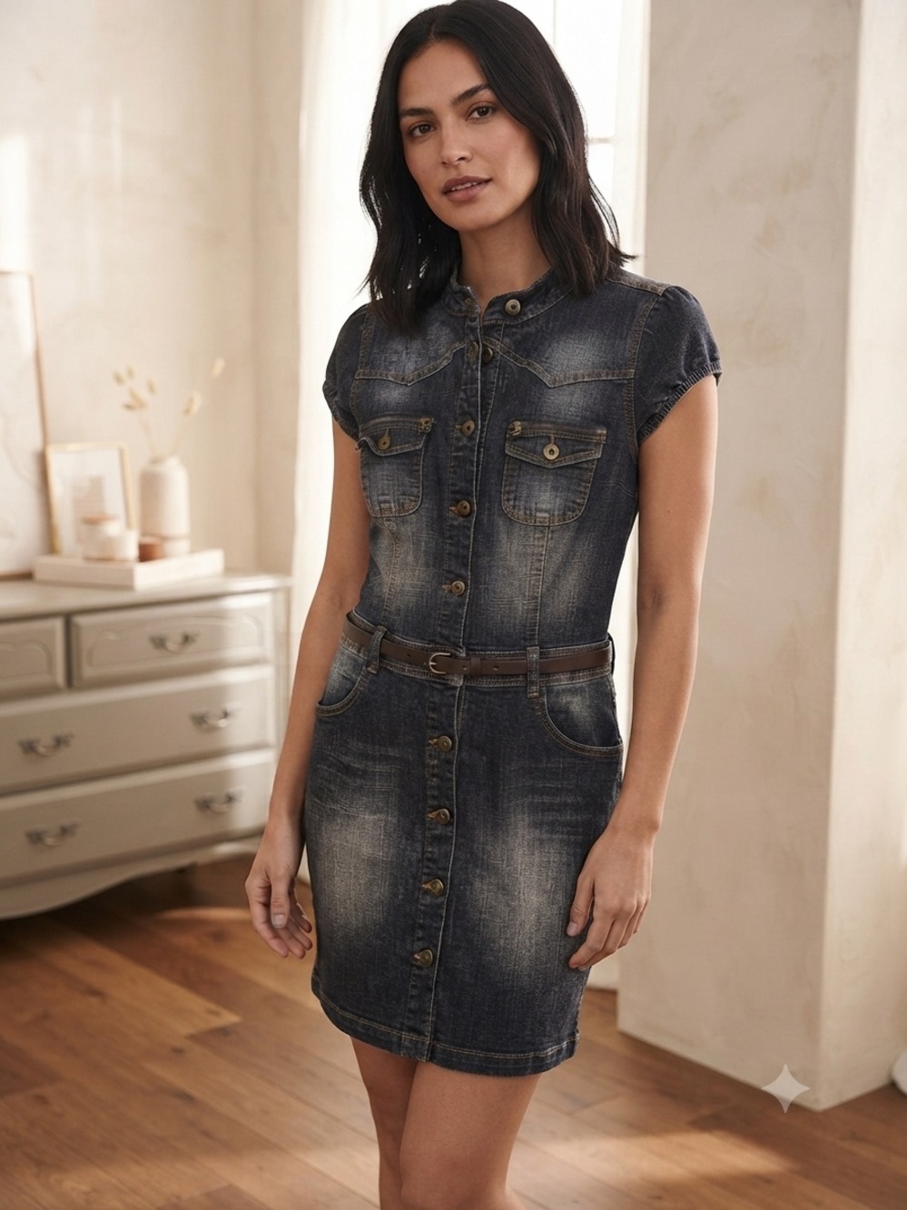 Dark Washed Denim Button-Front Dress blue dark denim vintageluxe inspired